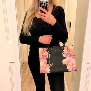 Calvin Klein Floral Accent Large Tote Bag - Black with Pink/Peach Flowers